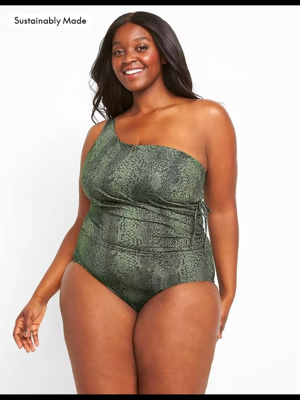 Swim by Cacique One Shoulder Swimsuit 24 Olive Green Snake Print Ruched Plus Sz